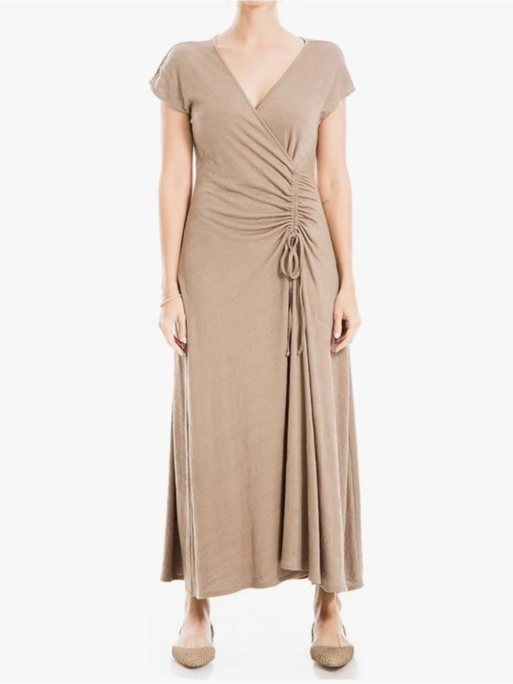 Max Studio Taupe Ruched Side Tie V-Neck Midi Dress Size XL - Picture 3 of 4
